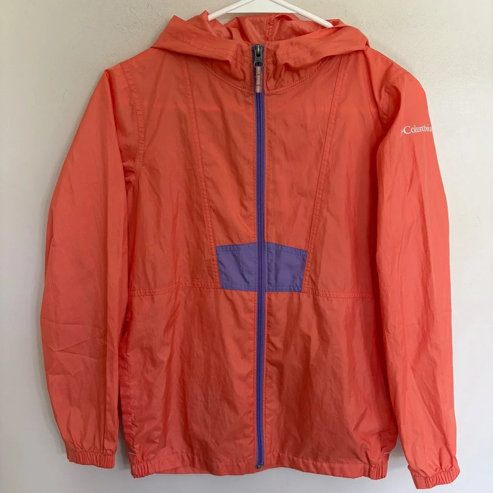 Columbia Kids Windbreaker Jacket Coral Orange Purple Hooded Full Zip Size M